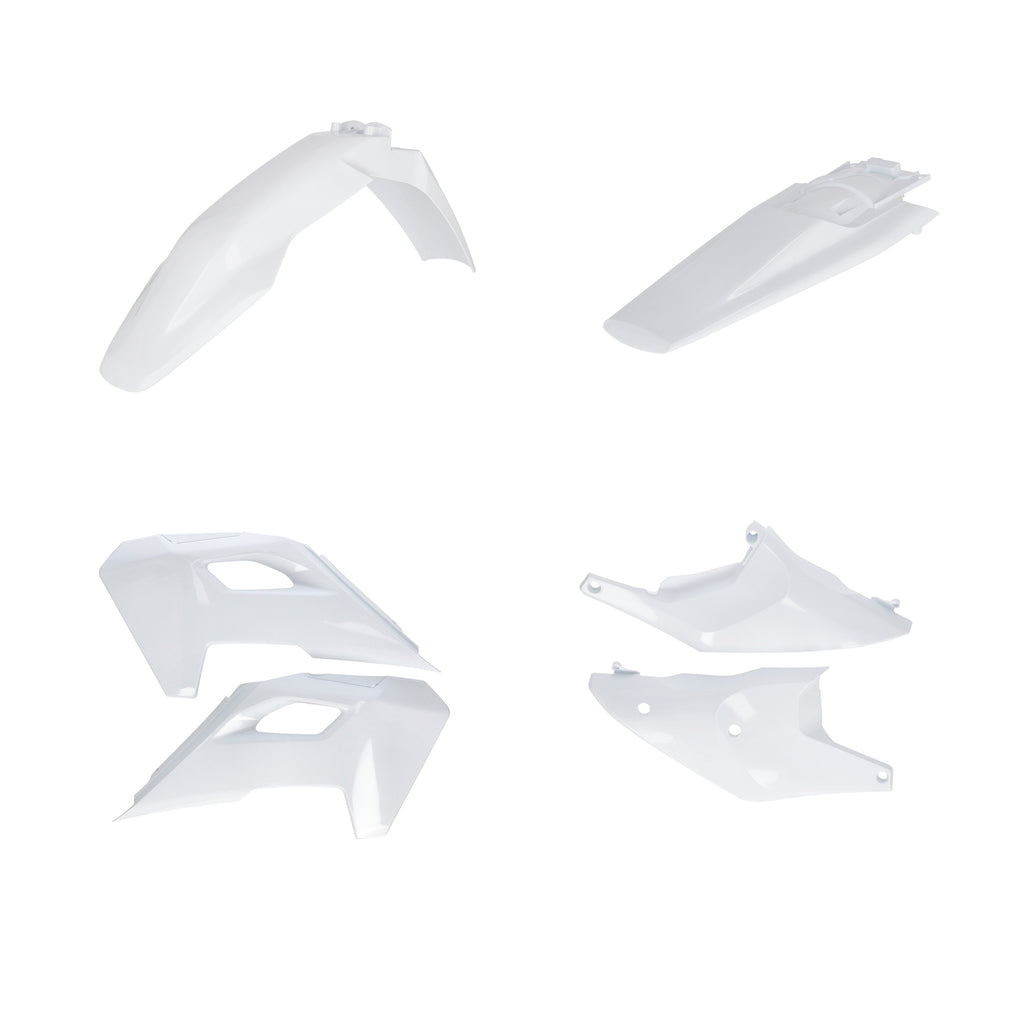 Acerbis Hus white plastic body kit with panels and parts for motorcycle repair, showing assembled plastic components.