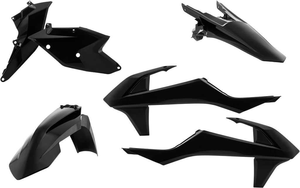 Acerbis full plastic kit in black, including various motorcycle body panels and parts arranged on a flat surface.