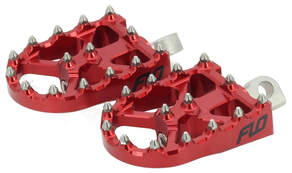 Red Flo Motorsports BMX style foot pegs with metal construction and textured surface for grip and durability.