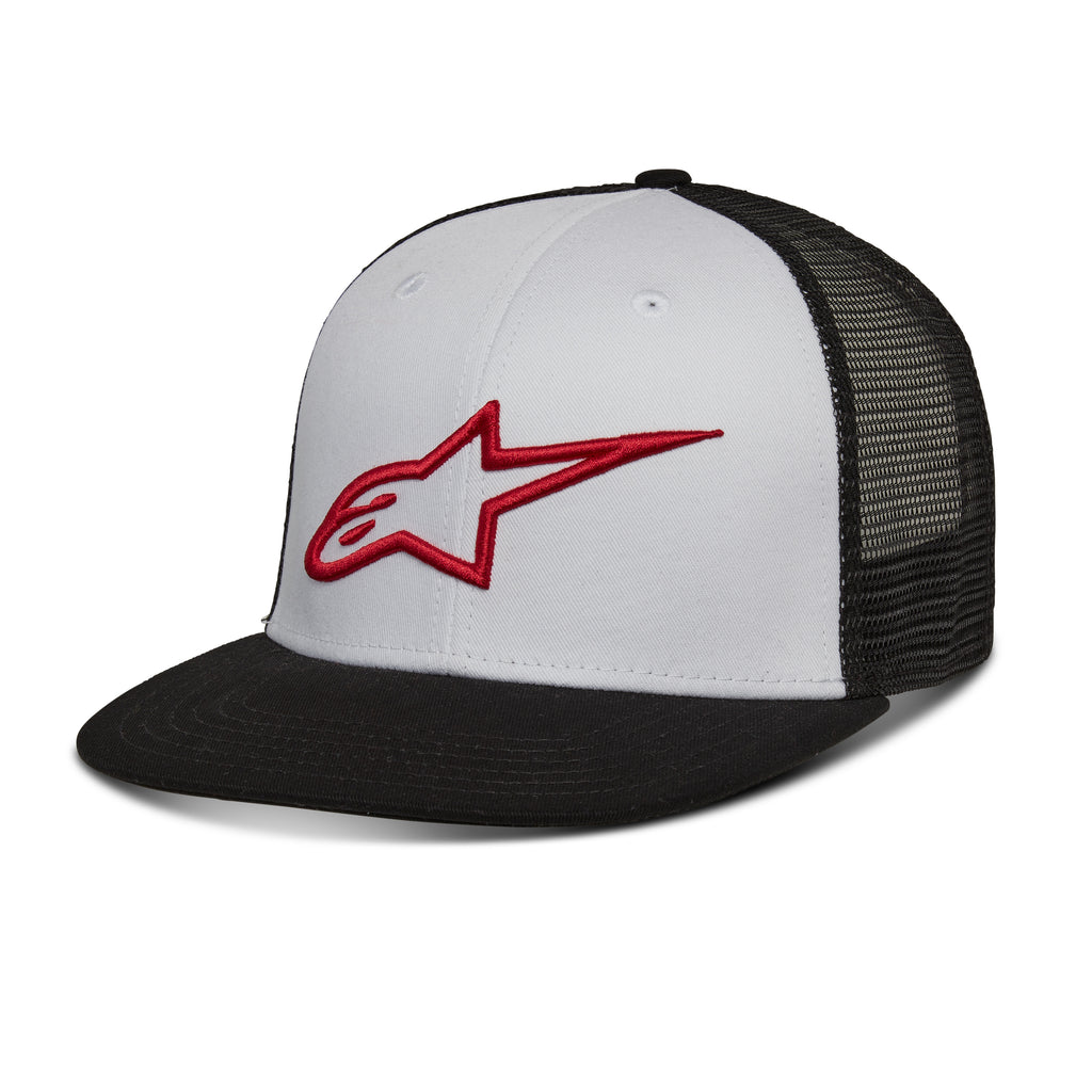 Alpine Star Corp trucker hat in white and black with adjustable snapback, featuring embroidered Alpine Star logo on front.