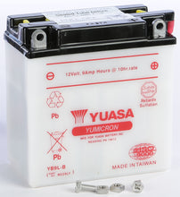 Load image into Gallery viewer, YUASA YB9L-B conventional battery showing its compact design and positive and negative terminals.