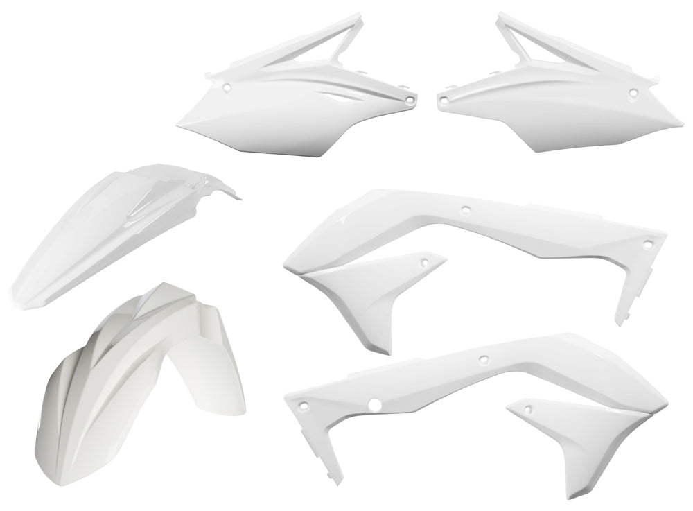 Acerbis white plastic kit for motorcycle, including various plastic panels and parts, displayed on a clean surface.