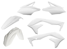 Acerbis white plastic kit for motorcycle, including various plastic panels and parts, displayed on a clean surface.