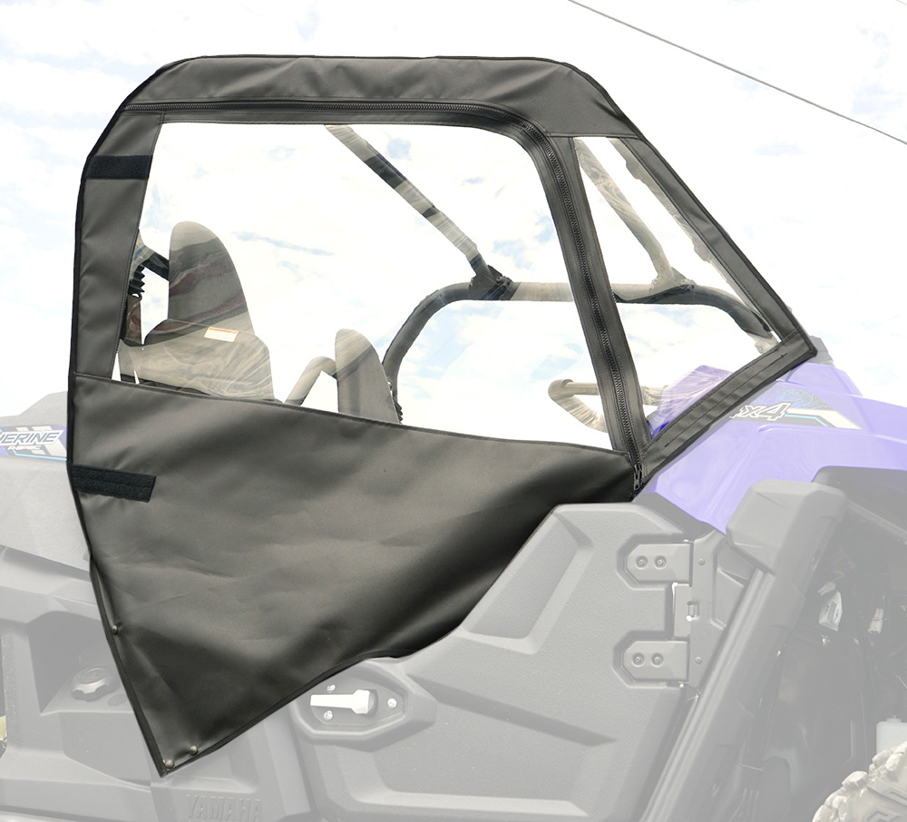 SEIZMIK Soft Door Kit for UTVs, fits 63-21006 model, showing black fabric doors with zippers and frame attachments.