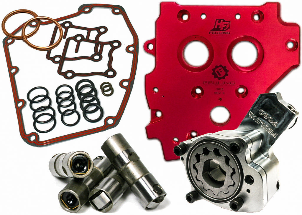 Feuling HP+ engine oiling system kit with metal components and hoses, designed for enhanced motorcycle engine lubrication.