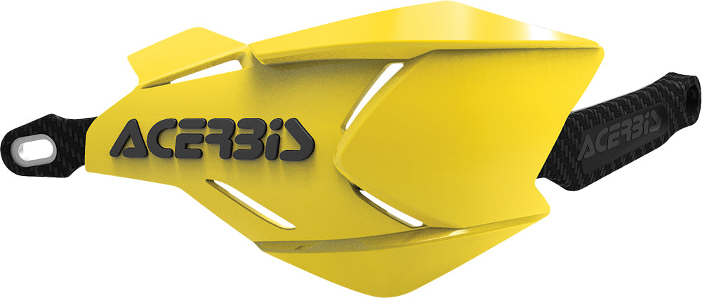 Acerbis X-Factory Honda CRF250 yellow and black handguard mounted on motorcycle handlebar with mounting hardware visible.