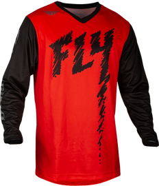 Fly Racing Youth F-16 Jersey in red, black, and grey, featuring bold racing graphics on lightweight fabric.
