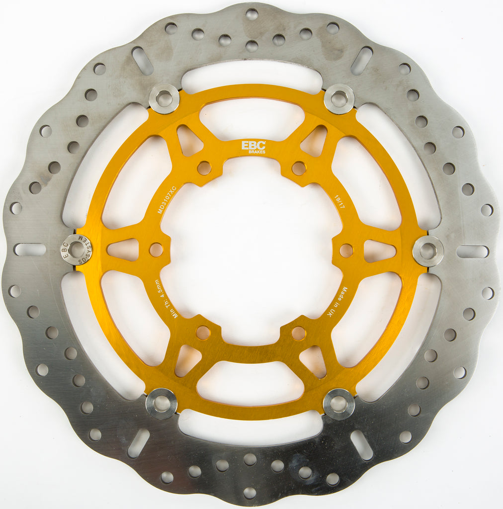 EBC Motorcycle Brakes Contour Street Rotor 155-3107XC showing a close-up of the black metal brake rotor with detailed surface design