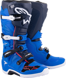 Alpine Star Tech 7 motocross boots in navy and black, size 12, showing the rugged design and protective features.