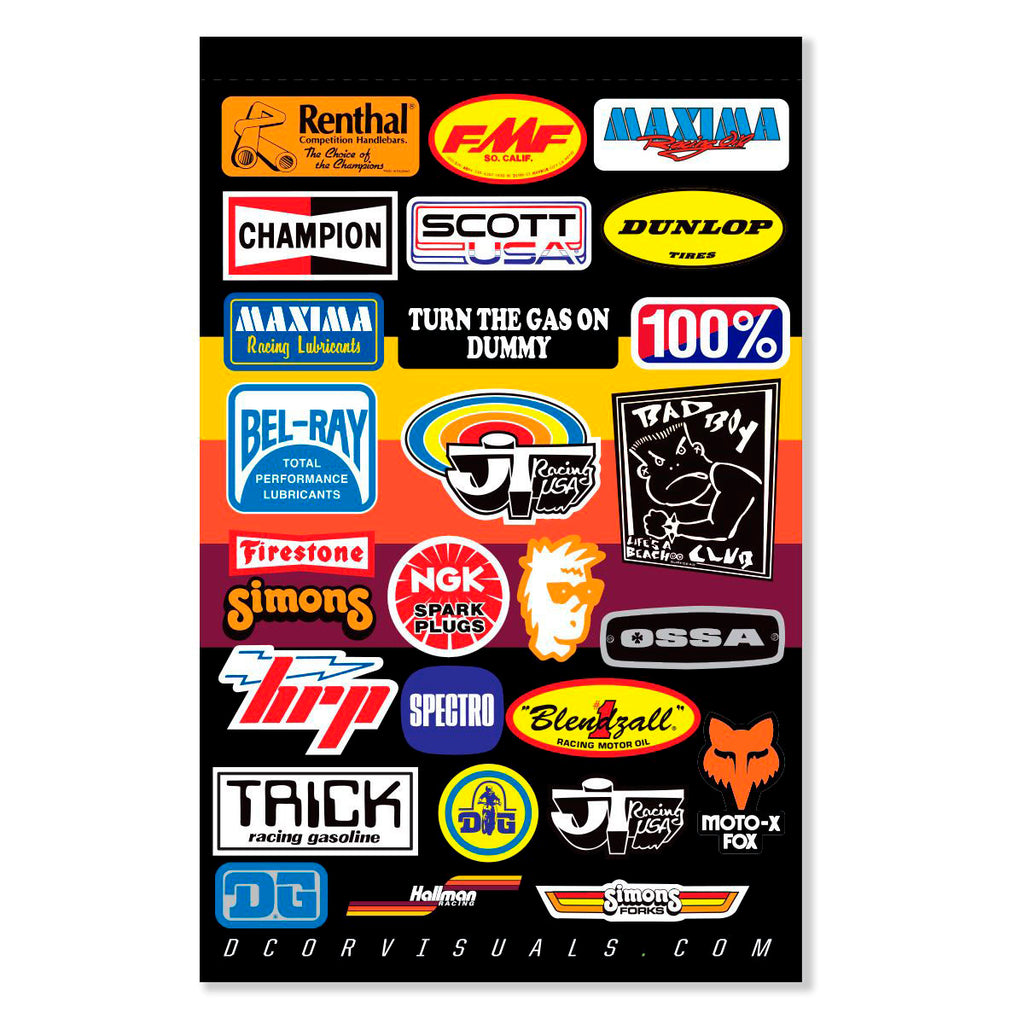 DCOR throwback MX decal sheet with retro graphics, 12mil thickness, featuring various vintage motorcycle-themed decals.