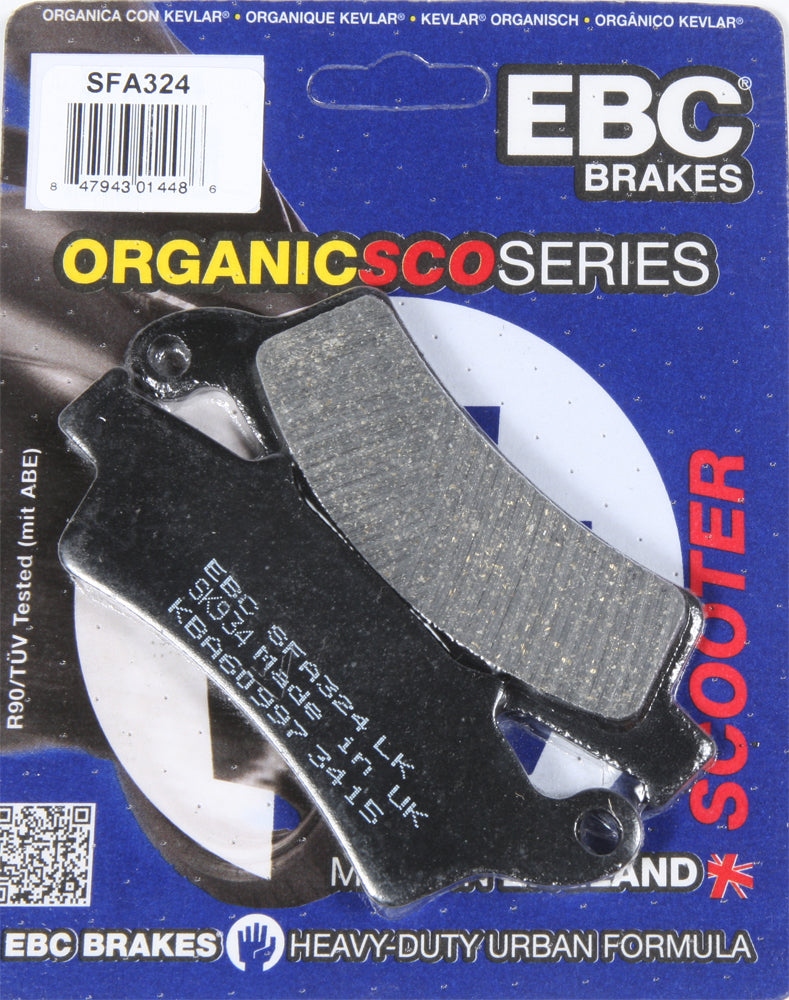 EBC Motorcycle Brakes Sfa324 organic brake pads with ceramic friction material, shown in a close-up view.