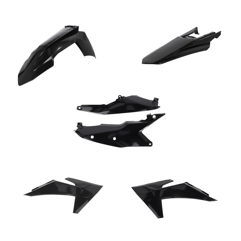 Acerbis black plastic body kit for KTM motocross bikes, including fenders and panels, with a sleek, durable design.