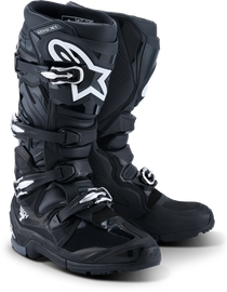 Alpine Star Tech 7 Enduro motorcycle boots in black, anthracite, and white, size 10, with secure strap closures and rugged design.