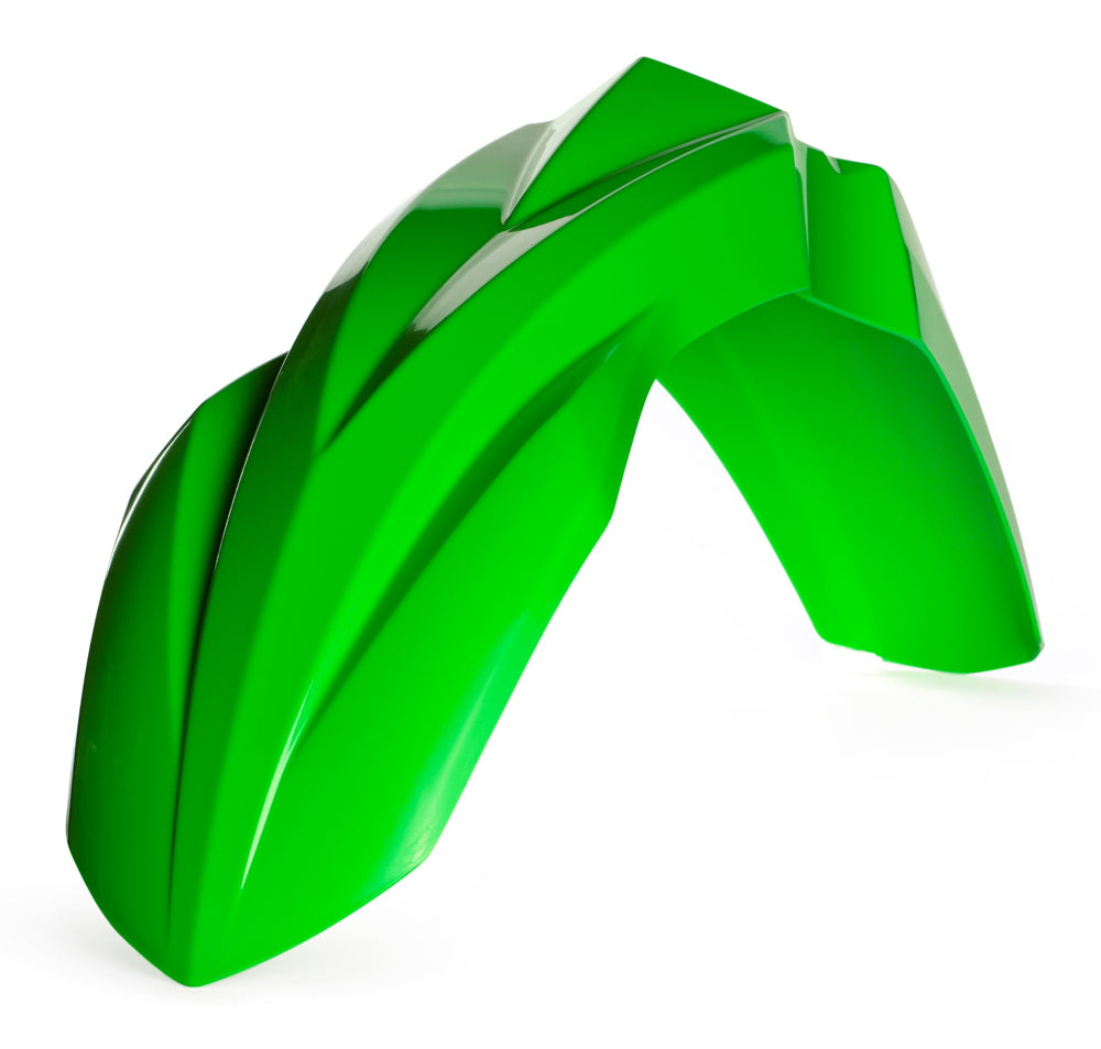 Acerbis fluorescent green front fender for motorcycle, showing the curved, lightweight plastic design with brand logo.