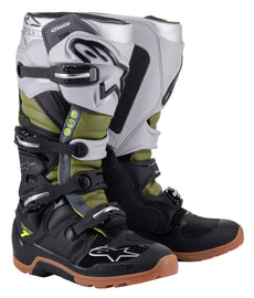 Alpine Star Tech 7 Enduro Boots in black, silver, and military green, size 11, showing ankle support and durable construction.