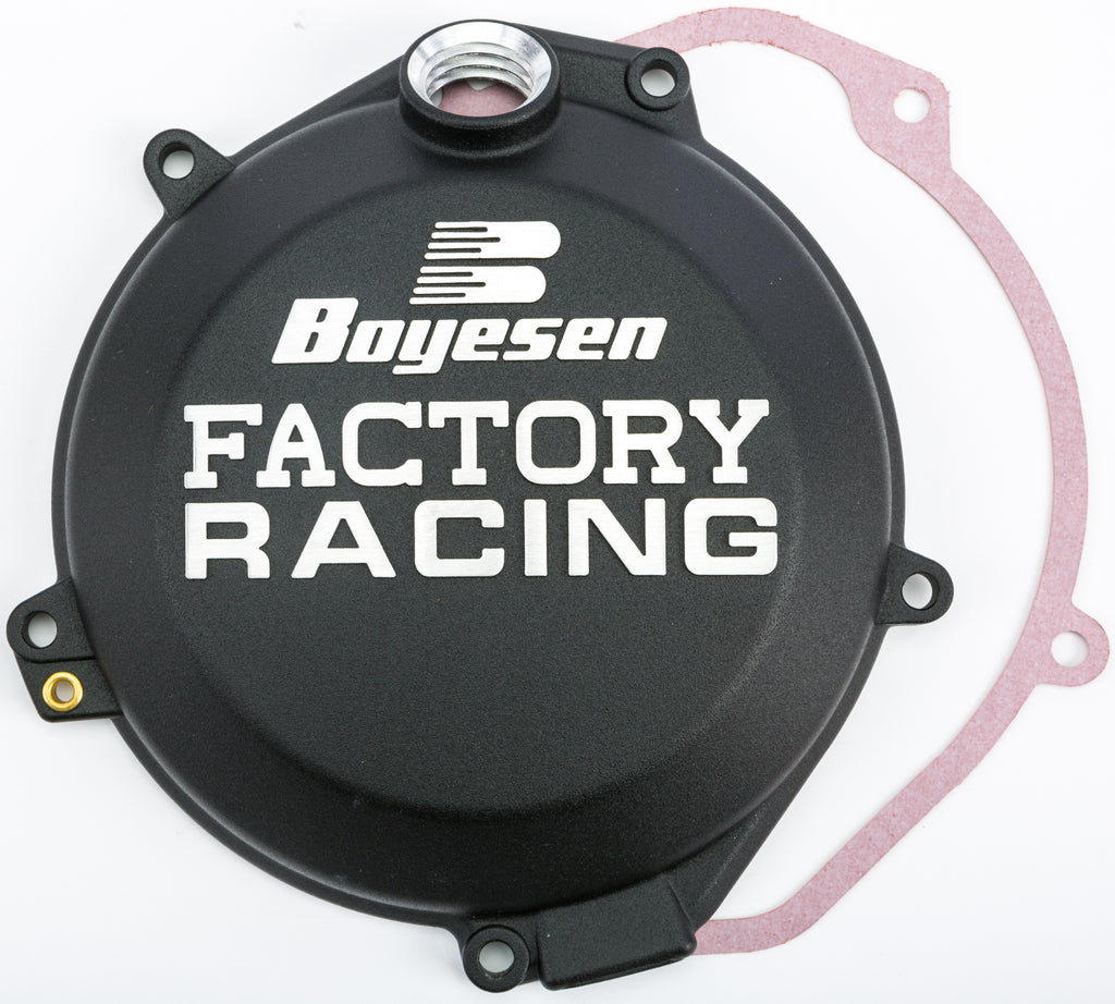 Boyesen Factory Racing Clutch Cover in black for motorcycles, showcasing the sleek, durable design with Boyesen branding.