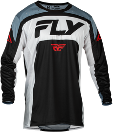 Fly Racing Youth Lite Jersey in black, white, and denim grey, YXL size, featuring lightweight, breathable fabric with logo details.