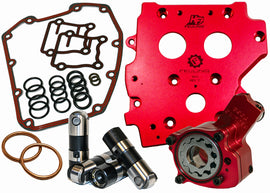 Feuling Race Series oiling system conversion camplate for motorcycle engine, showing detailed metal components and machining.