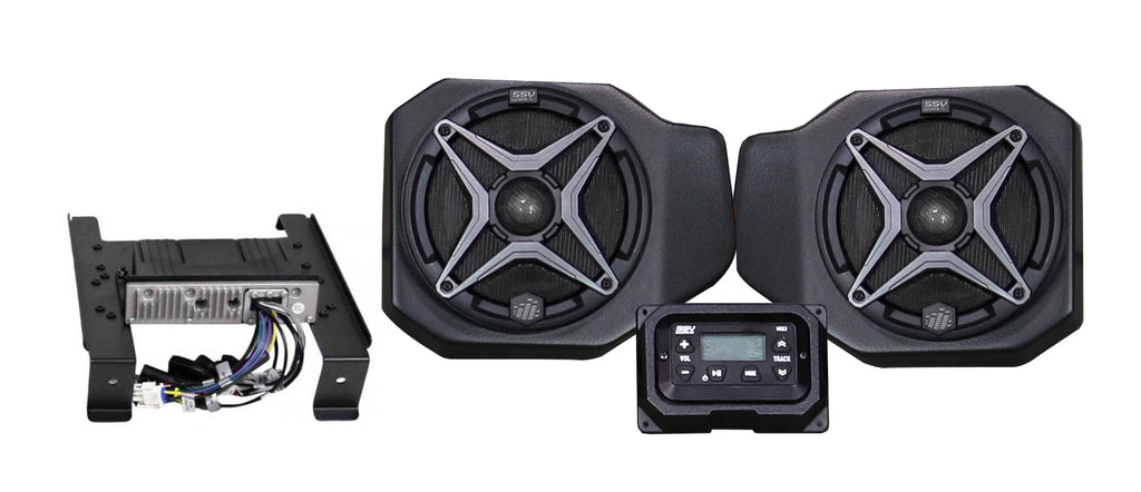 SSV Works Plug N Play 2 speaker kit for Polaris Ranger, featuring compact audio system with durable mounting for off-road vehicles.