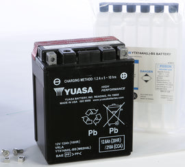 Yuasa YTX14AHL-BS maintenance-free motorcycle battery with positive and negative terminals visible