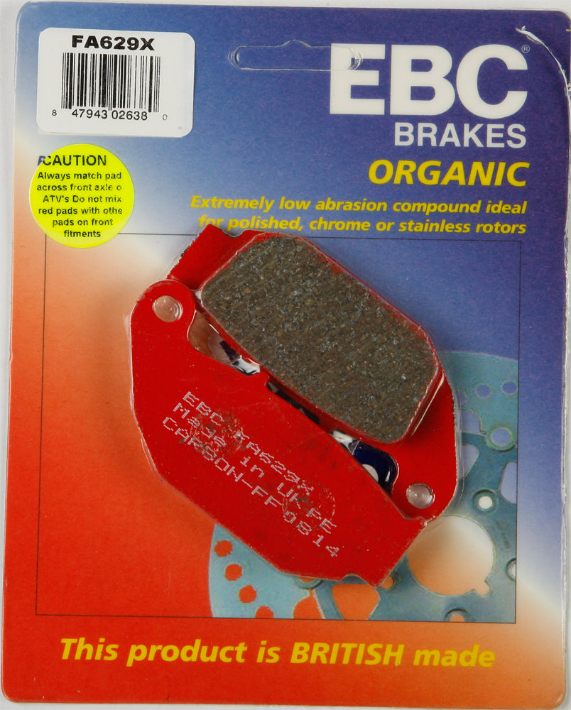 EBC Motorcycle Brakes Fa629x Carbon X Series brake pads showing metallic friction surface and packaging.