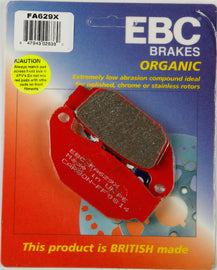 EBC Motorcycle Brakes Fa629x Carbon X Series brake pads showing metallic friction surface and packaging.