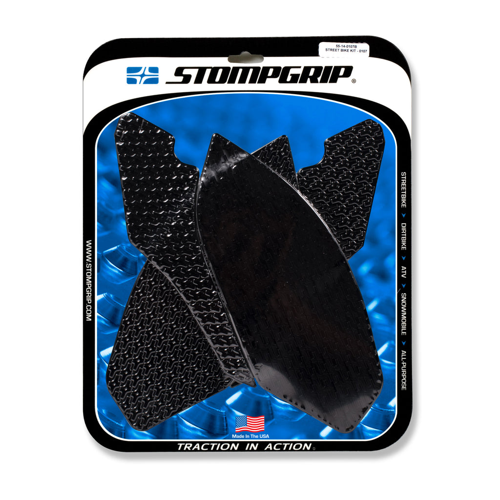 Stompgrip Tank Pad Kit Icon Black for motorcycle body protection, featuring black textured rubber with white icon design.