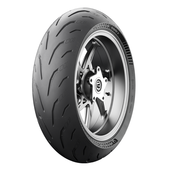 Michelin Power 6 Rear 160/60ZR17 motorcycle tire with radial construction and W speed rating, showing tread pattern and sidewall details.
