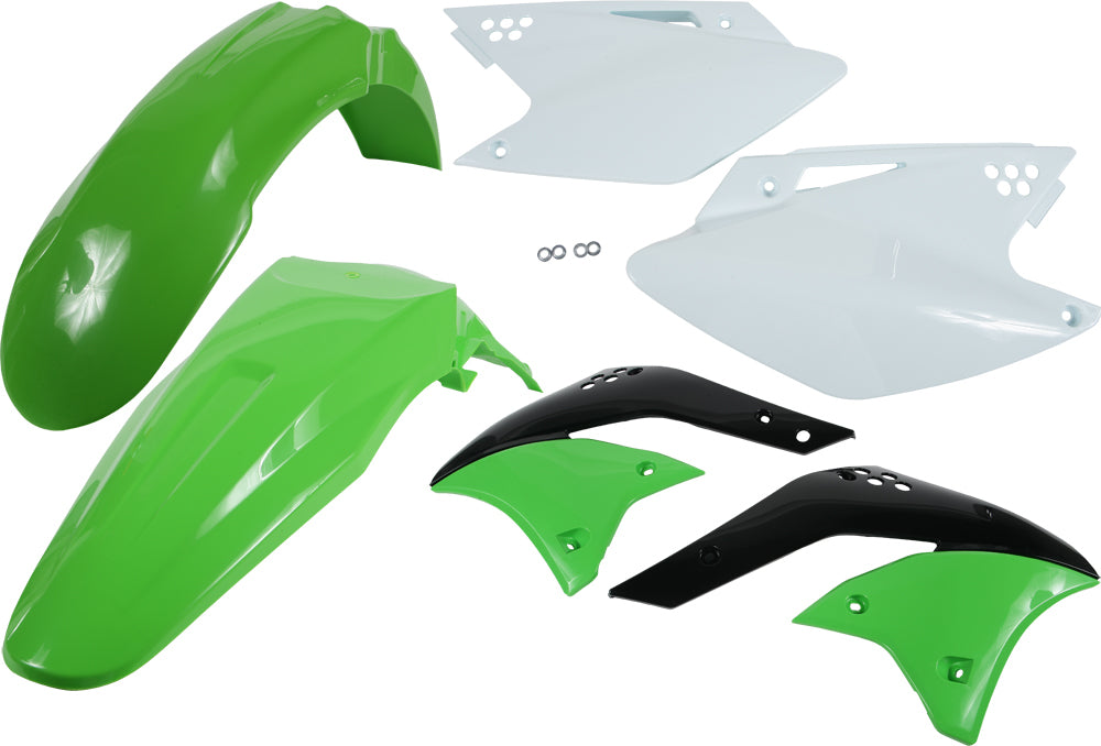 Acerbis green plastic kit with multiple motorcycle parts laid out on a surface, featuring various panels and components.