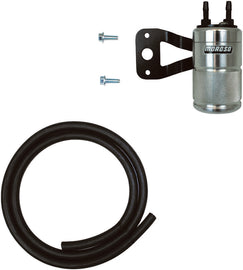 Moroso V-Twin air oil separator breather for intake and fuel system, shown in black with hoses and fittings attached.