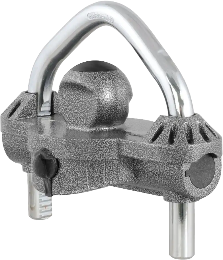 CURT universal trailer coupler lock in hammer tone epoxy finish, designed for secure towing and trailer theft prevention.