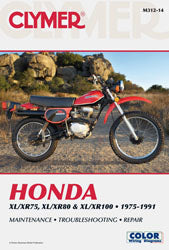Clymer repair manual for Honda XR/XL75-100 motorcycle, showing detailed pages and diagrams in a clean, open book format.