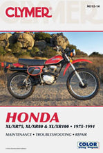 Load image into Gallery viewer, Clymer repair manual for Honda XR/XL75-100 motorcycle, showing detailed pages and diagrams in a clean, open book format.