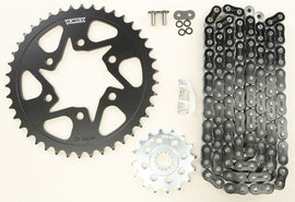 VORTEX sprocket and chain kit with 16-tooth and 42-tooth sprockets in black for 520-108L chains, motorcycle drivetrain component