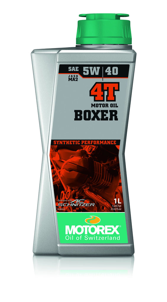 Motorex Boxer Oil 5W40 4T 1L bottle for motorcycle engines, shown with product label and packaging.