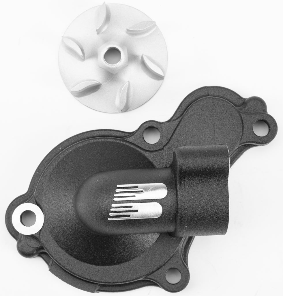 Boyesen off-road water pump cover and impeller kit in black, featuring detailed components for engine cooling and performance.