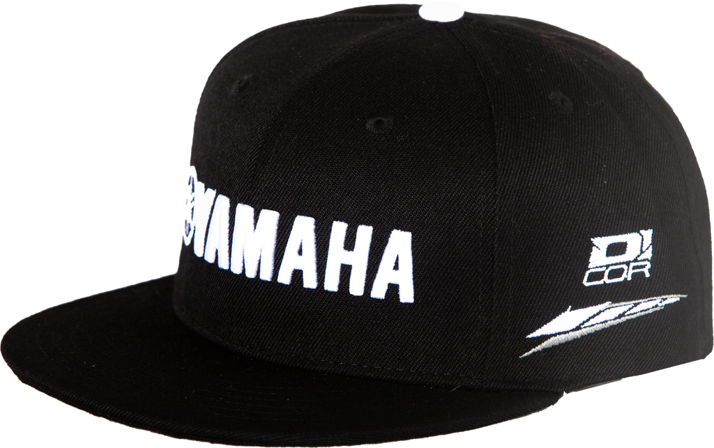 Black DCOR Yamaha hat factory snapback cap with adjustable strap, featuring the DCOR brand logo on the front.