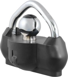 CURT Universal Trailer Coupler Lock made of ballistic nylon, designed to secure trailer couplers during towing.