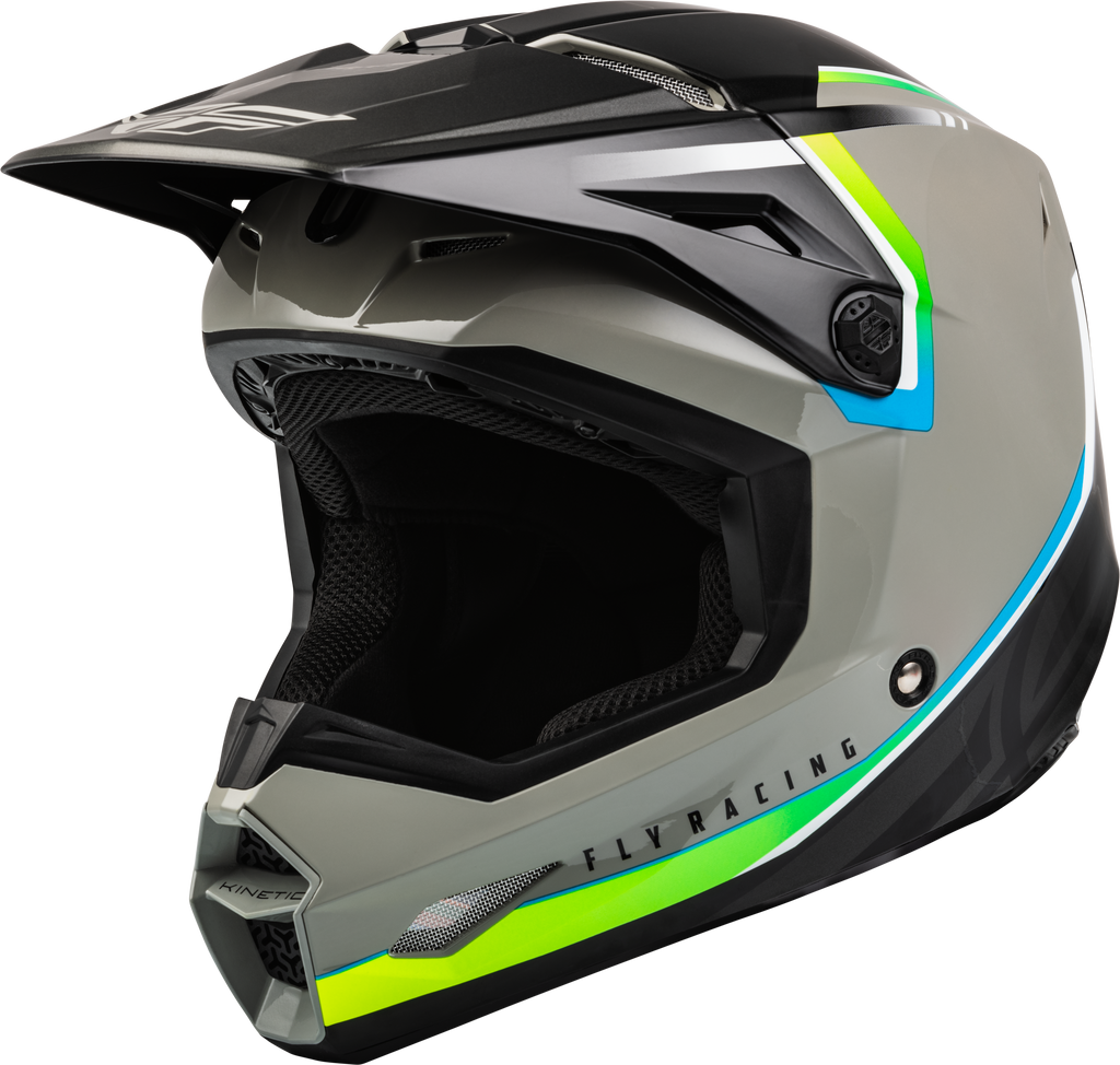 Fly Racing Kinetic Vision helmet in grey and black, large size, featuring aerodynamic design and ventilation for motorcycle riding.