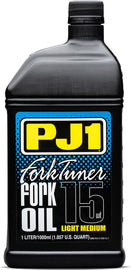 PJ1 Products Fork Tuner Oil 15w in 1 liter container, automotive chemical for motorcycle fork maintenance.