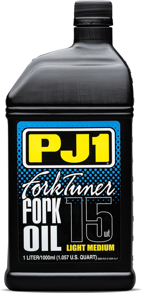 PJ1 Products Fork Tuner Oil 15w, 1L bottle, chemical product for motorcycle suspension maintenance, with label visible.