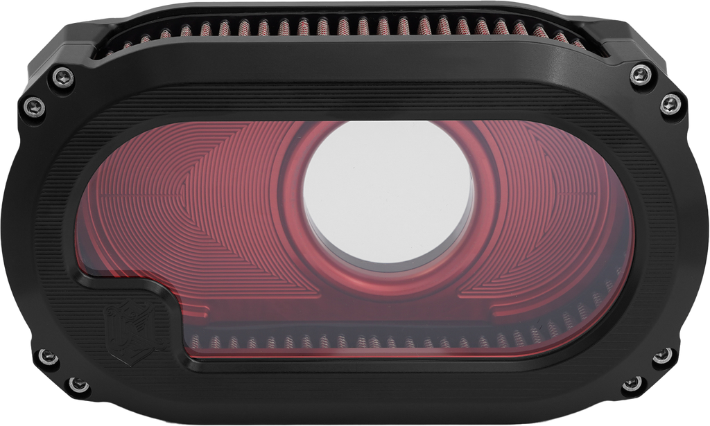 Kens Factory NL M8 air cleaner with glass black and red finish, part of intake and fuel system for enhanced engine performance.