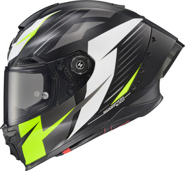 SCORPION EXO Apex Exo Warp full face helmet in Dilithium black, white, and hi-vis colors, size XL, with aerodynamic design and ventilation