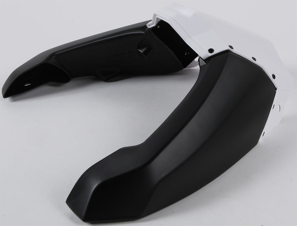 Acerbis white and black upper radiator shroud for motocross or dirt bikes, with vent openings and mounting points visible.