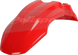 Red Polisport Plastics front fender for motorcycles, part number 64-6302, shown on a vehicle.