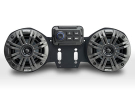 SSV Works 2 speaker kit installed on Can Am Ryker, showing black speakers with mounting brackets on the vehicle's dashboard area.