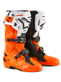 Alpine Star Tech 10 Enduro Boots in orange fluo, black, and white, size 7, with sturdy design and durable construction.