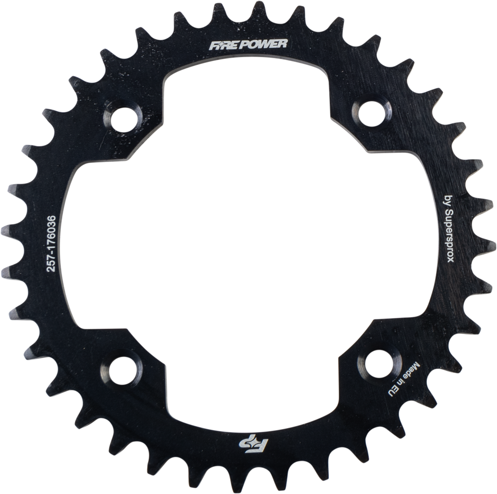 Steel Fire Power 36-tooth rear sprocket in black, with detailed gear teeth visible for motorcycle or bike drivetrain.