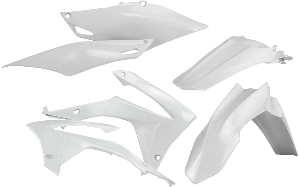 Acerbis white plastic kit with various molded parts for motorcycle or dirt bike, arranged on a flat surface.
