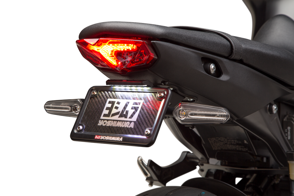 Yoshimura Fender Eliminator Kit for Yamaha MT-09 motorcycle, showing sleek black body with mounting hardware.
